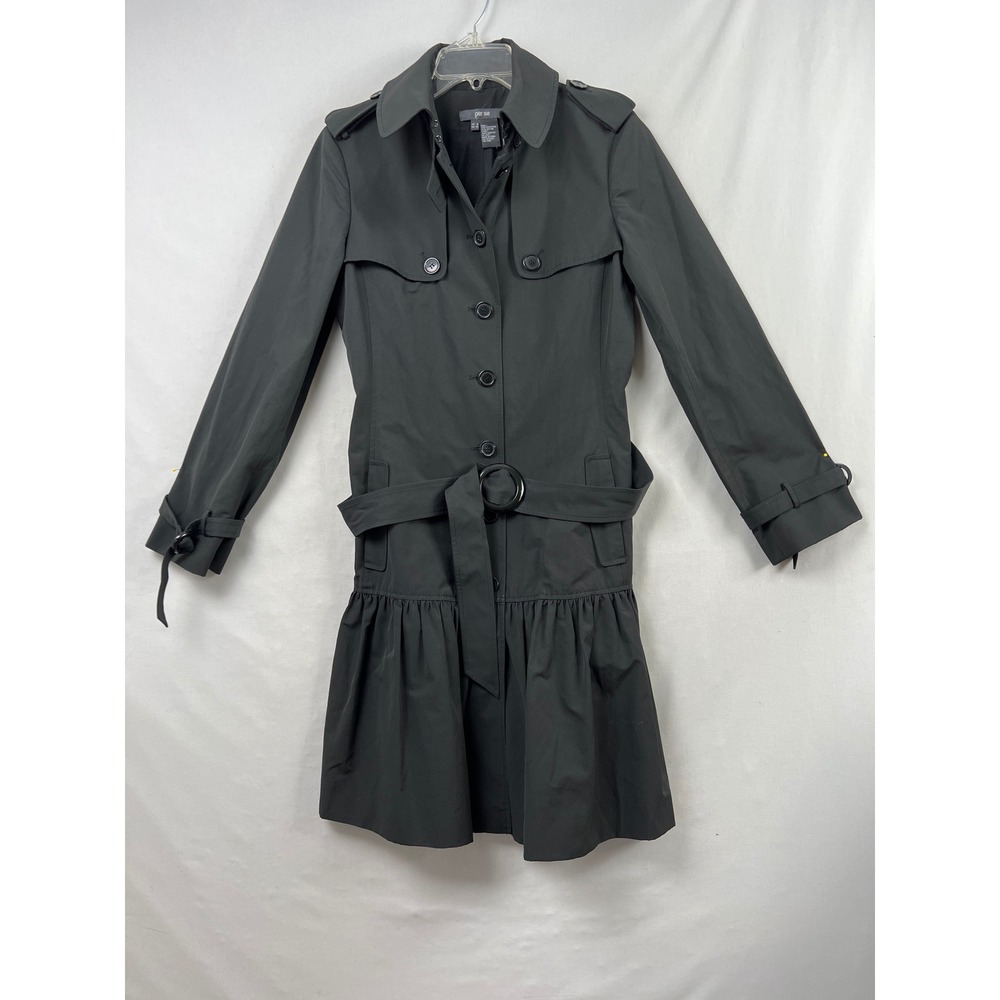 Per Se Trench Coat Womens 8 Black Ruffled Peplum Belted Button Front Jacket